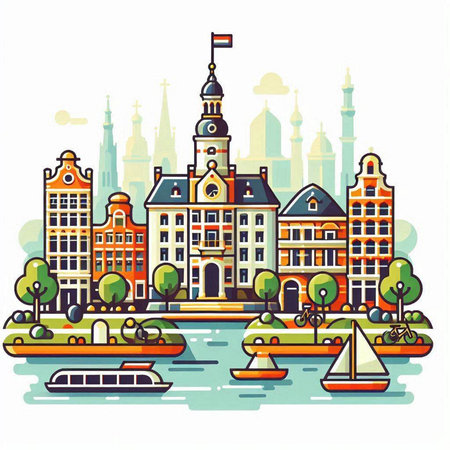 Amsterdam, Netherlands. Vector illustration in flat style. City landscape.のイラスト素材