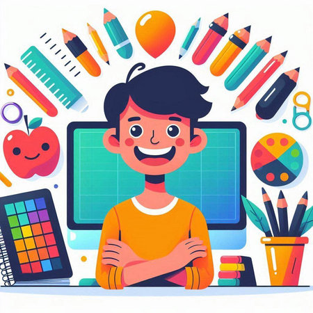 Smiling schoolboy sitting at his desk. Vector illustration in cartoon style.のイラスト素材