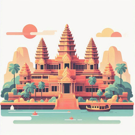 Hindu temple on the river bank. Vector illustration in retro styleのイラスト素材