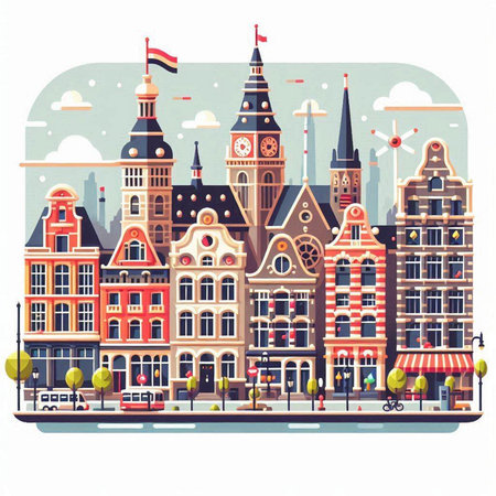 Amsterdam, Netherlands. Cityscape with historic buildings. Vector illustration.のイラスト素材
