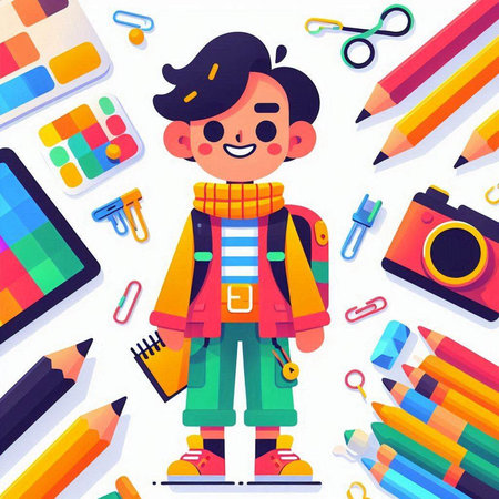Cartoon boy with school supplies. Back to school. Vector illustrationのイラスト素材