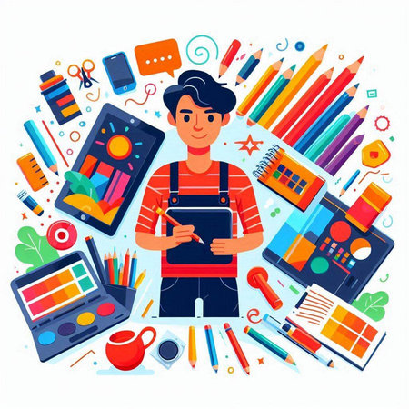 Vector illustration of a young man with a tablet in his hands, surrounded by school supplies.のイラスト素材