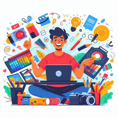 Photographer working at his desk with laptop. Vector illustration in cartoon styleのイラスト素材