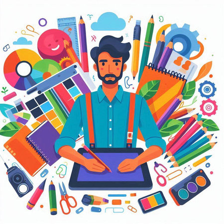 Vector illustration of a graphic designer with a set of elements for design.のイラスト素材