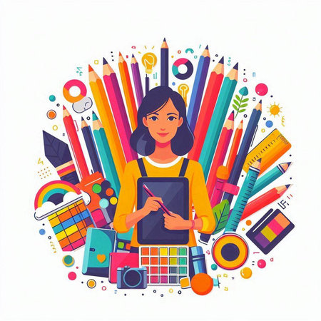 Vector illustration of a girl with a tablet in her hands, surrounded by school supplies.のイラスト素材