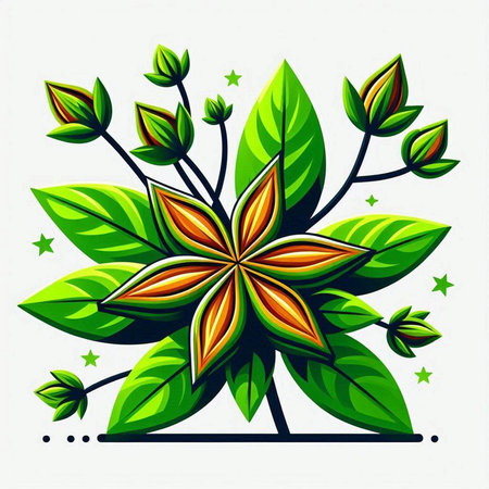 Illustration of green leaves and star anise on a white backgroundのイラスト素材