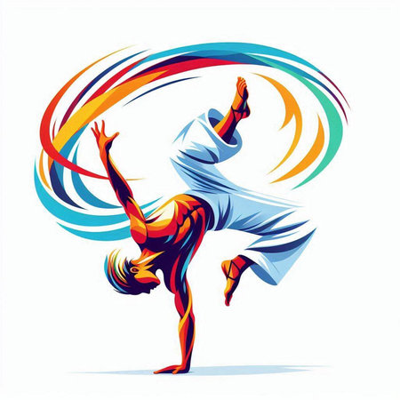 Vector illustration of a young man dancing breakdance on colorful backgroundのイラスト素材