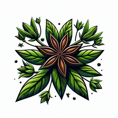 Illustration of anise star and green leaves. Vector illustration.のイラスト素材