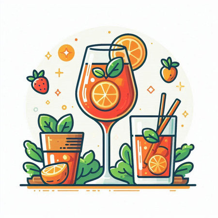 Cocktails with orange, strawberry and mint. Vector illustration.のイラスト素材