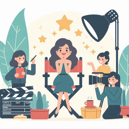 Cinema concept. Young women sitting in cinema chair and watching movie. Vector illustrationのイラスト素材