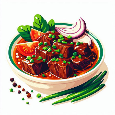 Illustration of a bowl of beef stew with onions, tomatoes and herbsのイラスト素材
