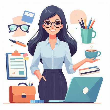 Young business woman working at office. Vector illustration in cartoon style.のイラスト素材