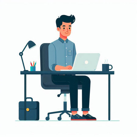 Young man sitting at the desk and working on laptop. Vector illustration.のイラスト素材