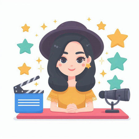 Cute girl blogger with microphone and clapperboard. Vector illustration.のイラスト素材