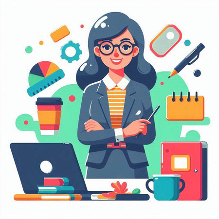 Business woman with laptop and office supplies. Vector illustration in flat styleのイラスト素材