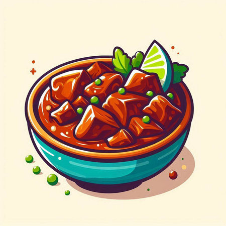 Illustration of a bowl of spicy beef stew garnished with limeのイラスト素材