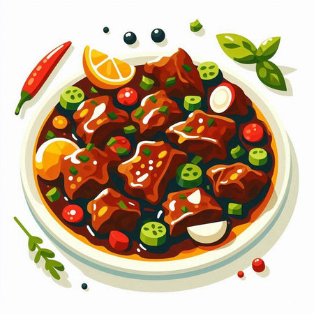 Beef stewed with vegetables and spices in a bowl. Vector illustration.のイラスト素材