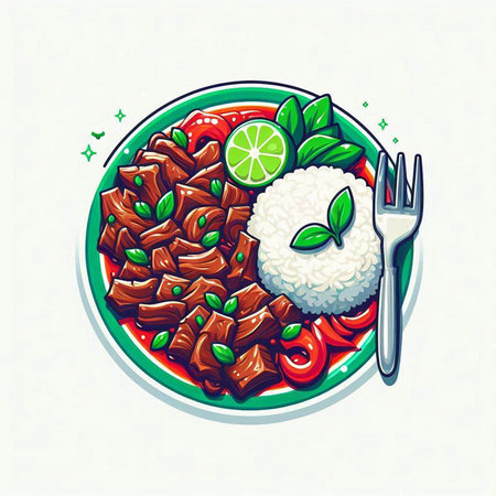 Rice with meat and vegetables on a plate. Vector illustration.のイラスト素材