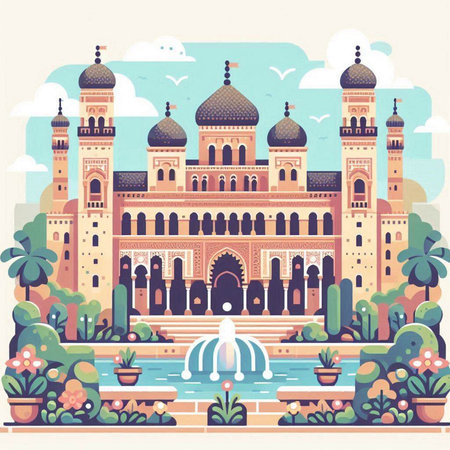 Colorful vector illustration of Taj Mahal in Agra, Indiaのイラスト素材