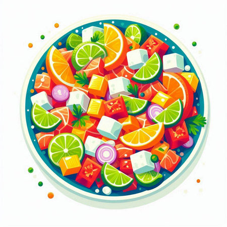 Vector illustration of a plate of fruit salad with cucumber, orange, lime, onion and feta cheese.のイラスト素材