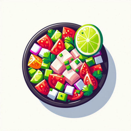 Salad with tomato, cucumber and mozzarella. Vector illustration.のイラスト素材