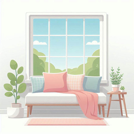 Illustration of a living room with a large window and a sofaのイラスト素材