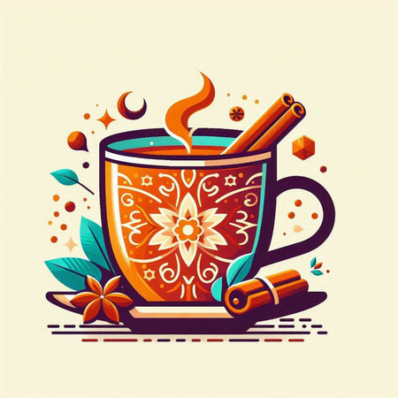 Cup of hot drink with cinnamon and star anise. Vector illustration.のイラスト素材
