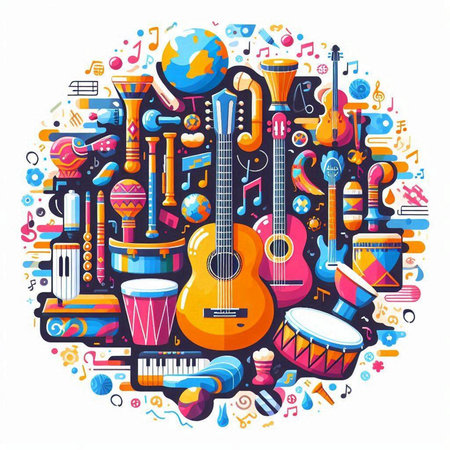 Musical instruments round composition. Colorful vector illustration in cartoon styleのイラスト素材