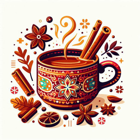 Vector illustration of a cup of hot mulled wine with cinnamon, anise and cloves.のイラスト素材