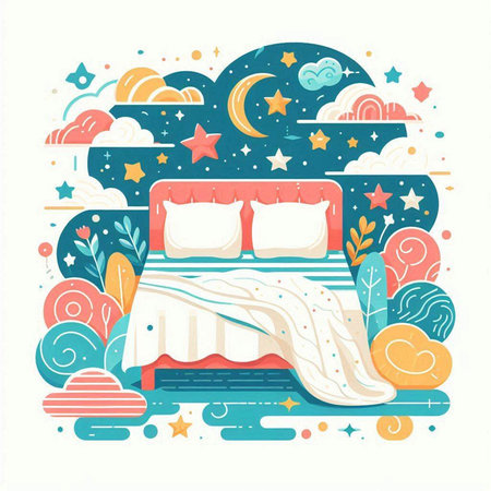 Bed in the night. Vector illustration in doodle style.のイラスト素材