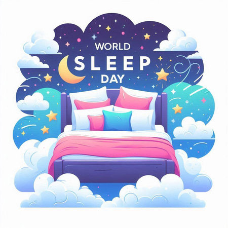 World Sleep Day Poster with Bed and Pillows. Vector Illustrationのイラスト素材