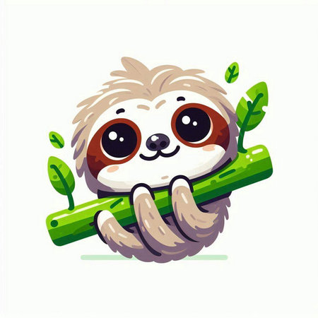 Cute cartoon sloth holding a bamboo stick. Vector illustration.のイラスト素材