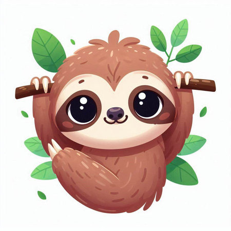 Cute cartoon sloth character with green leaves. Vector illustration.のイラスト素材