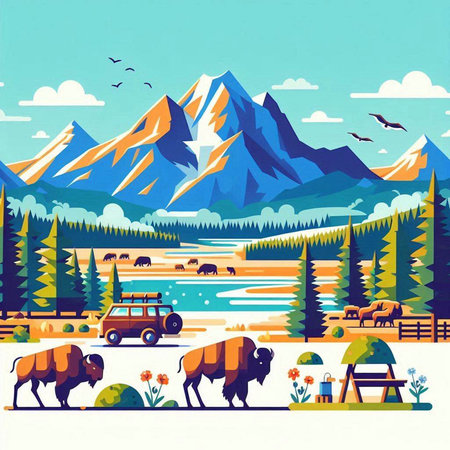 Vector illustration of mountain landscape with bison, mountains, clouds, lake and picnic table.のイラスト素材