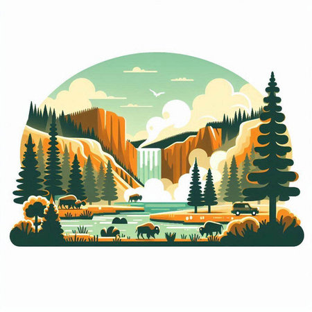 Landscape with mountains, river and forest. Vector illustration for your designのイラスト素材