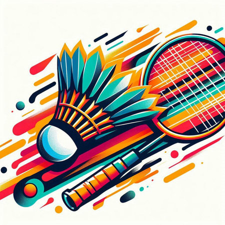 Badminton racket and shuttlecock on colorful background. Vector illustration.のイラスト素材