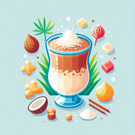 Coconut milk cocktail in a glass decorated with coconut flakes, ginger, sugar cubes, cinnamon sticks and leaves. Vector illustration.のイラスト素材