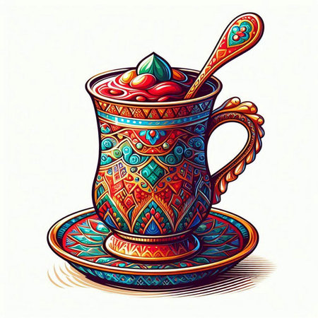 Cup of coffee with a spoon in ethnic style. Vector illustration.のイラスト素材