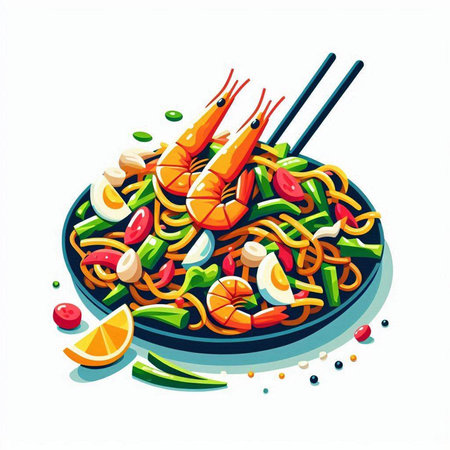 Noodles with shrimps and vegetables. Vector illustration.のイラスト素材