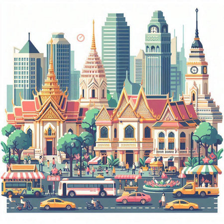 Cityscape of Bangkok, Thailand. Vector illustration in flat style.のイラスト素材