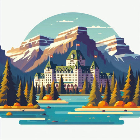 Landscape with mountains, lake and castle. Vector illustration in flat styleのイラスト素材