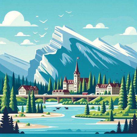 Landscape with mountains, river, forest and castle. Vector illustrationのイラスト素材