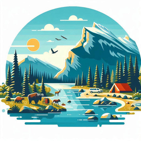 Mountain landscape with lake and forest in flat style. Vector illustration.のイラスト素材
