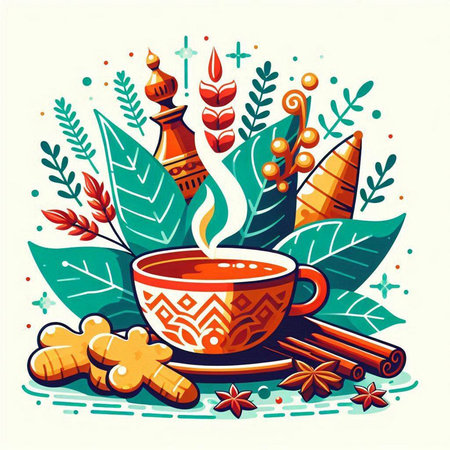Cup of tea with cinnamon, ginger and anise. Vector illustration.のイラスト素材