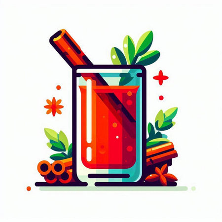 Cocktail with cinnamon, anise and ice in glass. Vector illustration.のイラスト素材