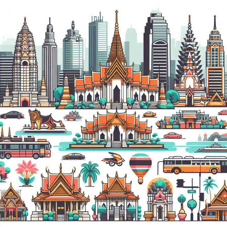 Seamless pattern with famous landmarks of Bangkok. Vector illustration.のイラスト素材