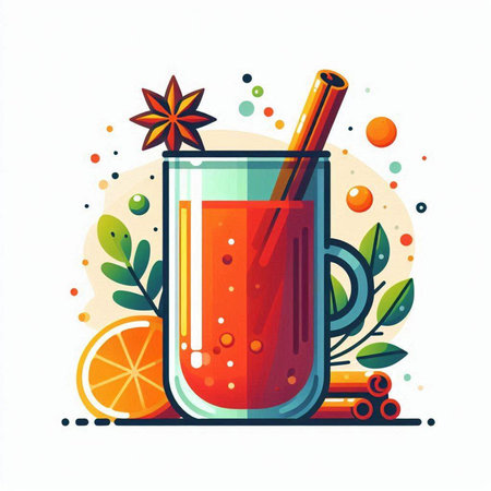 Vector illustration of a glass of mulled wine with orange, cinnamon and anise.のイラスト素材
