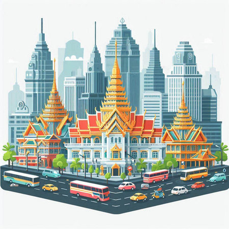Thailand travel background. Cityscape of Bangkok, Thailand. Vector illustrationのイラスト素材