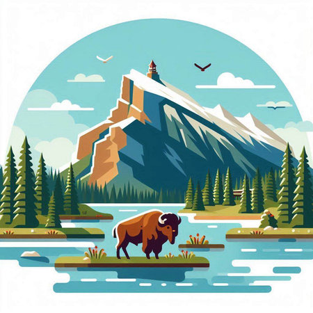 Bison on the background of mountains and lake. Vector illustration.のイラスト素材