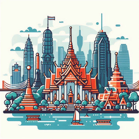 Bangkok city skyline with famous landmarks. Vector illustration in flat styleのイラスト素材